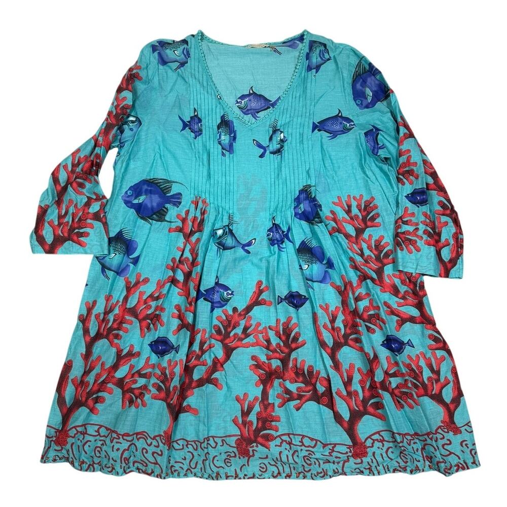 Soft Surroundings Seychelles Ocean Fish Print Pleated Beaded Tunic Top Size 2X